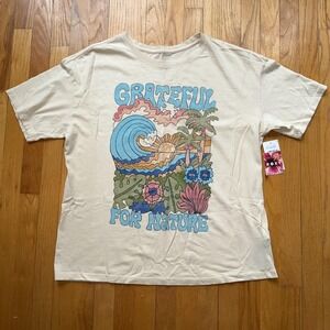 NEW Roxy Shirt XL Beige Grateful For Nature Graphic Floral Tee Surf Beach